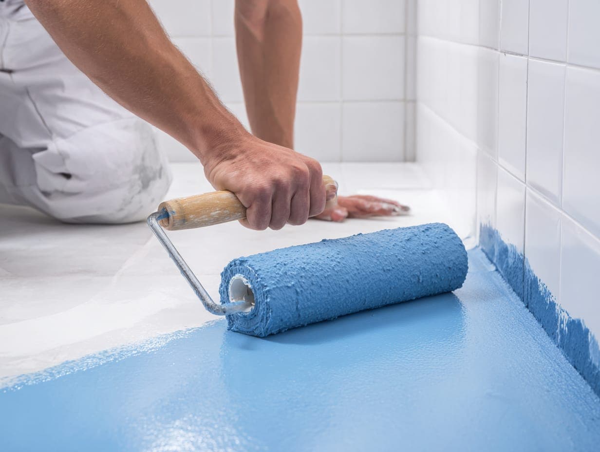 Renovated bathroom with new waterproofing, tiles, and sanitary fittings