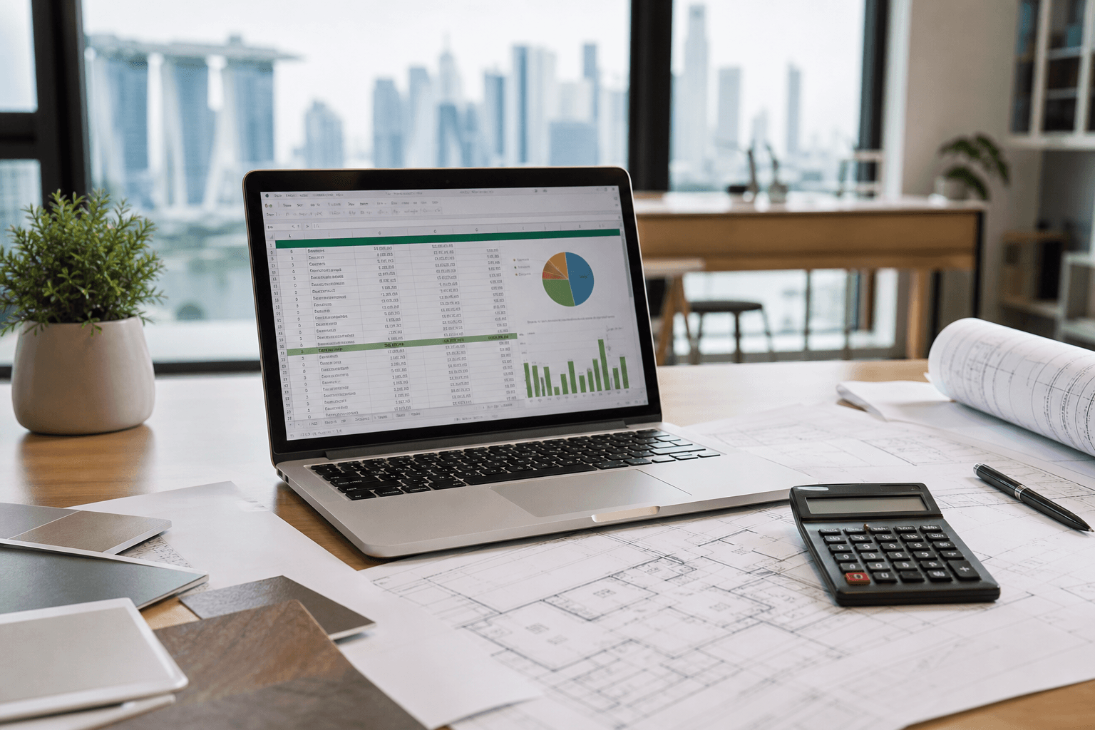 Renovation budget planning with calculator and floor plans in Singapore
