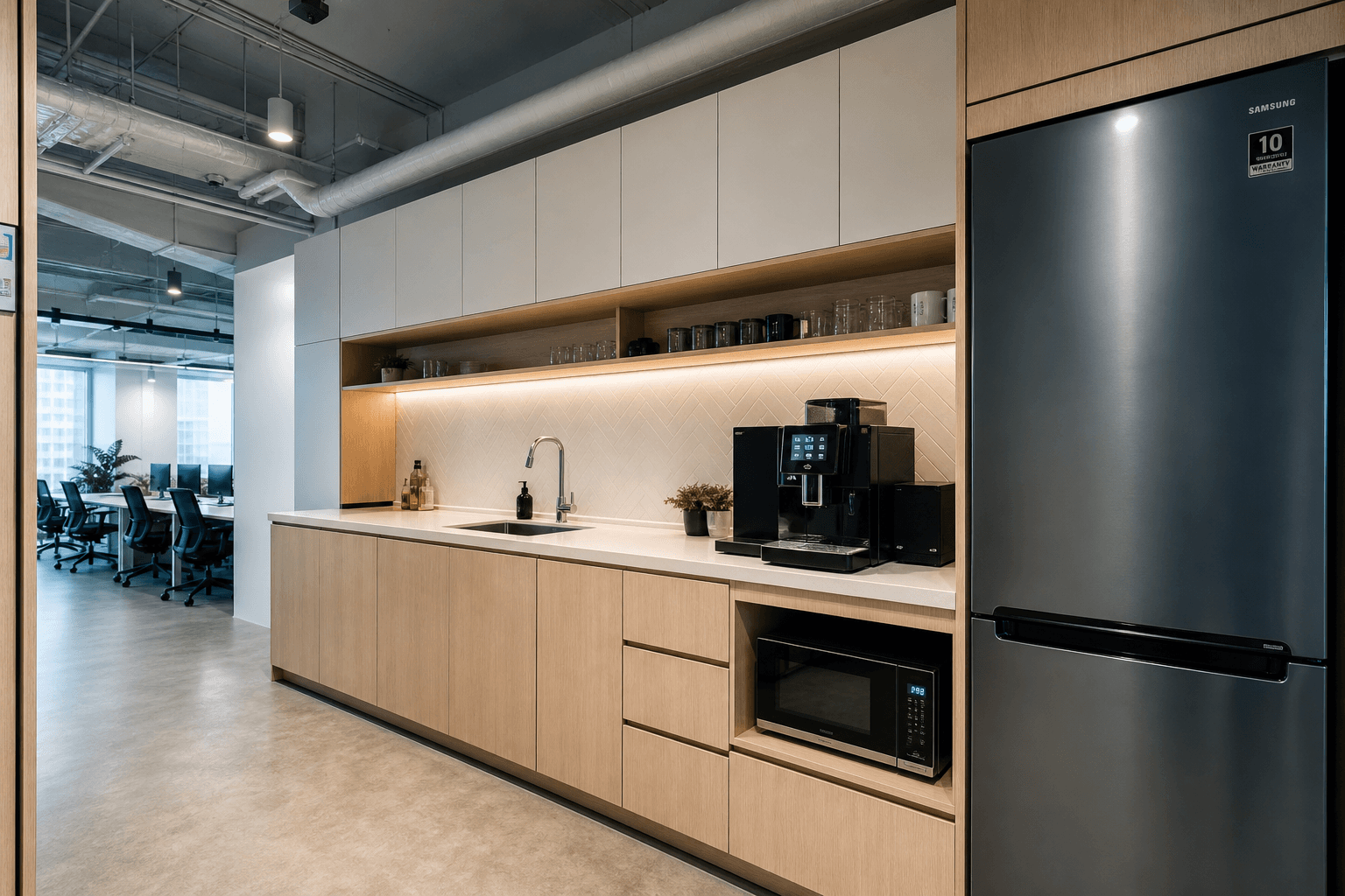 Compact modern office pantry fit-out in a Singapore SME workspace