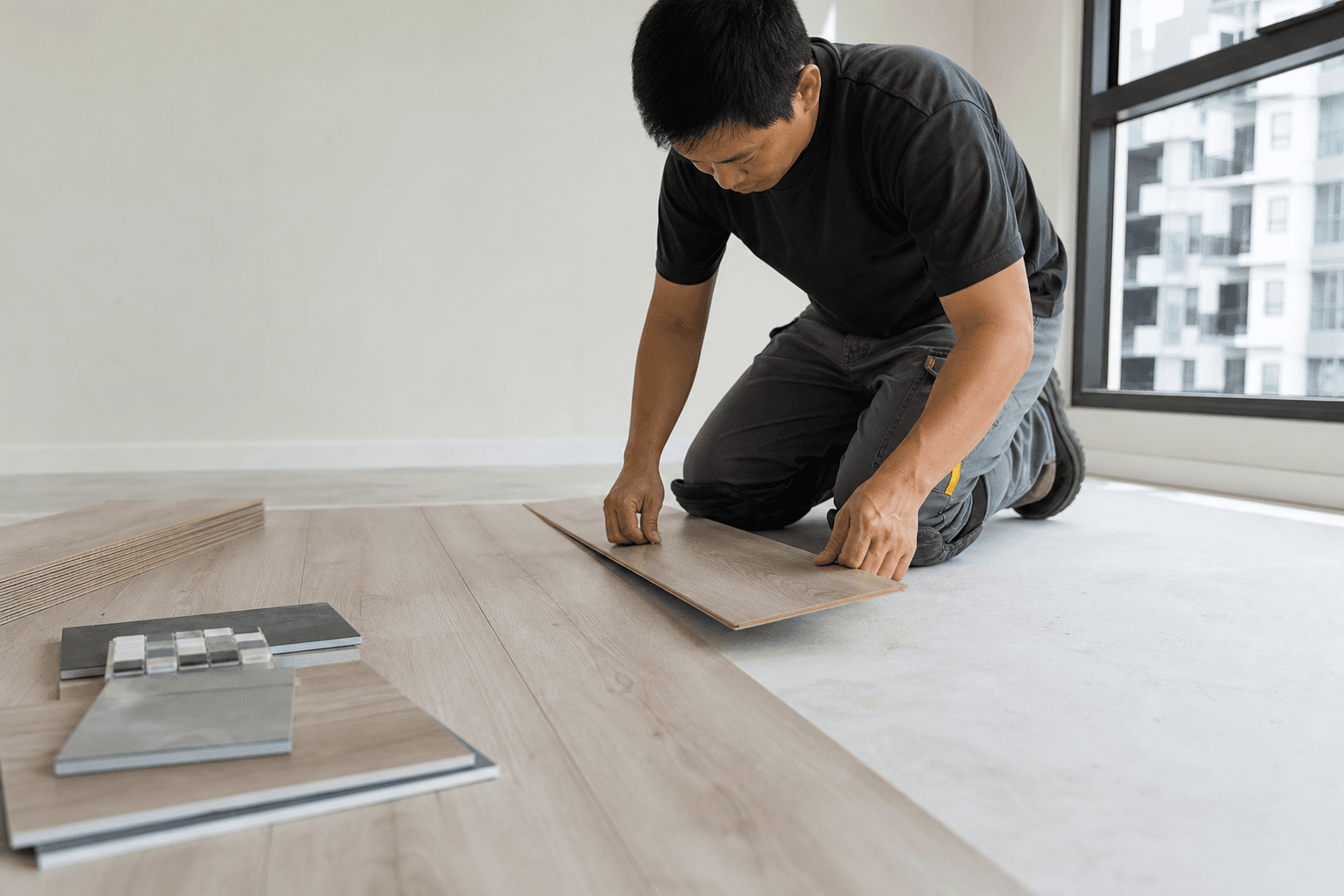 Vinyl flooring being installed in a Singapore apartment
