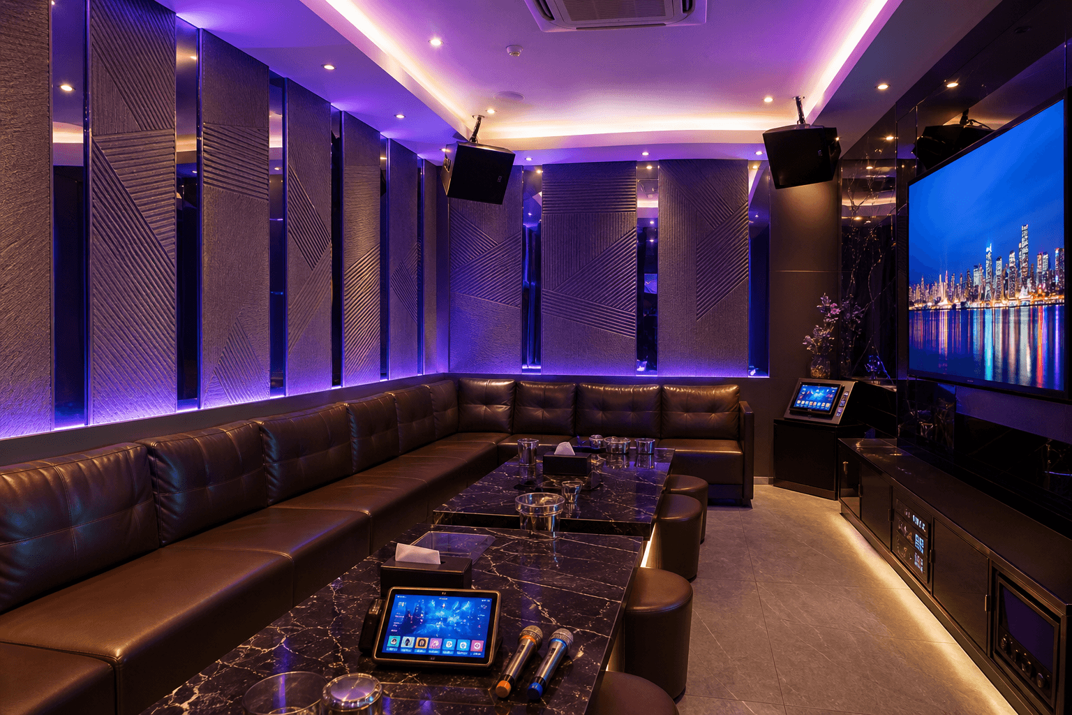 Modern KTV karaoke room interior with LED lighting and acoustic panels in Singapore