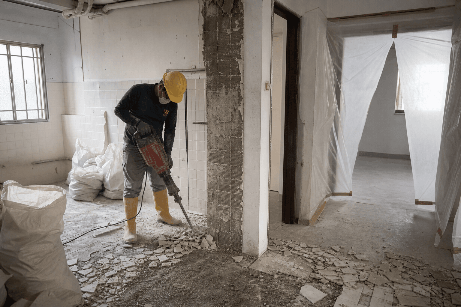 Hacking and demolition works during a Singapore renovation