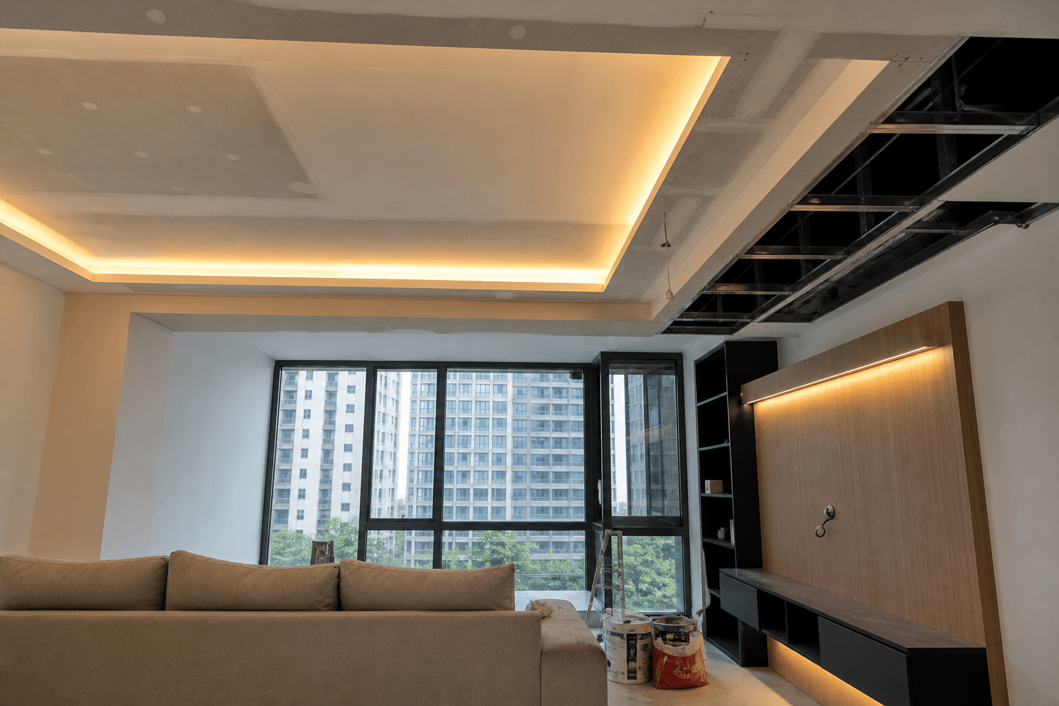 False ceiling installation with cove lighting in a Singapore home
