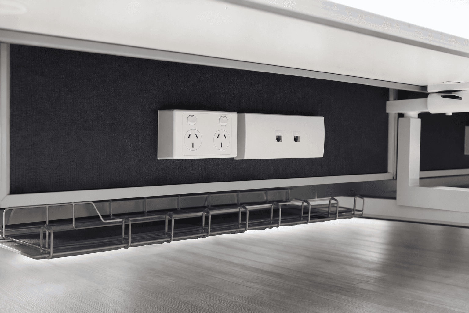 Office desk power points and cable management in a Singapore fit-out