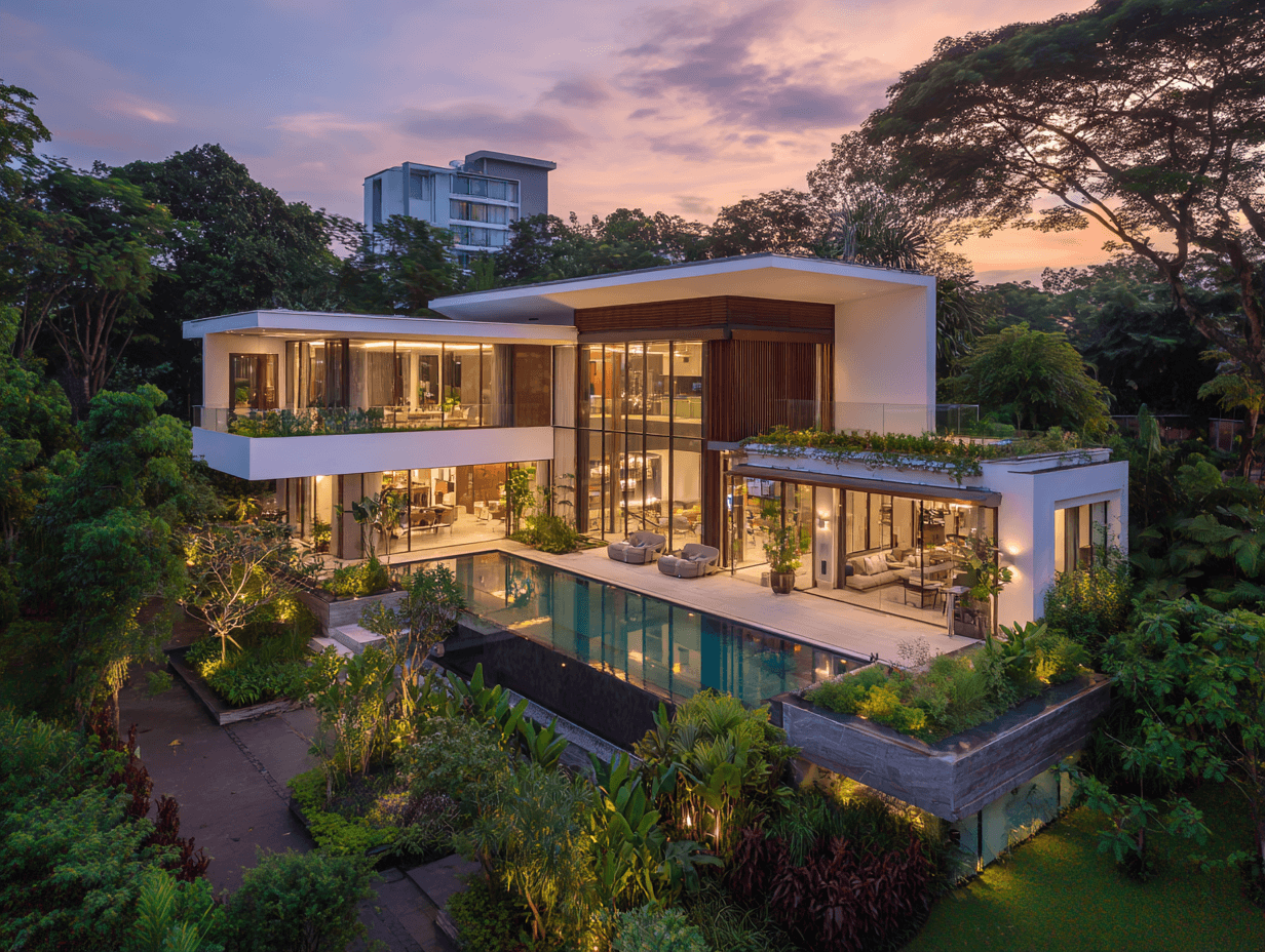 Landed property renovation Singapore — tropical modern home, glass façade, pool and garden at dusk